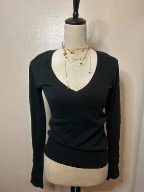 Take Out Black Deep V Neck Long Sleeve Top Size S